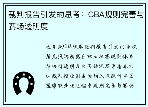 裁判报告引发的思考：CBA规则完善与赛场透明度