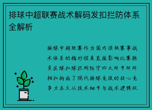 排球中超联赛战术解码发扣拦防体系全解析