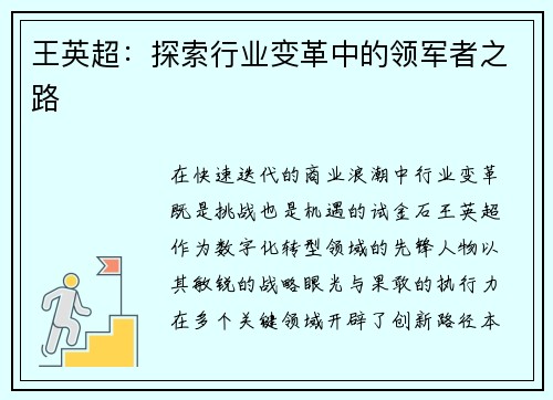 王英超：探索行业变革中的领军者之路